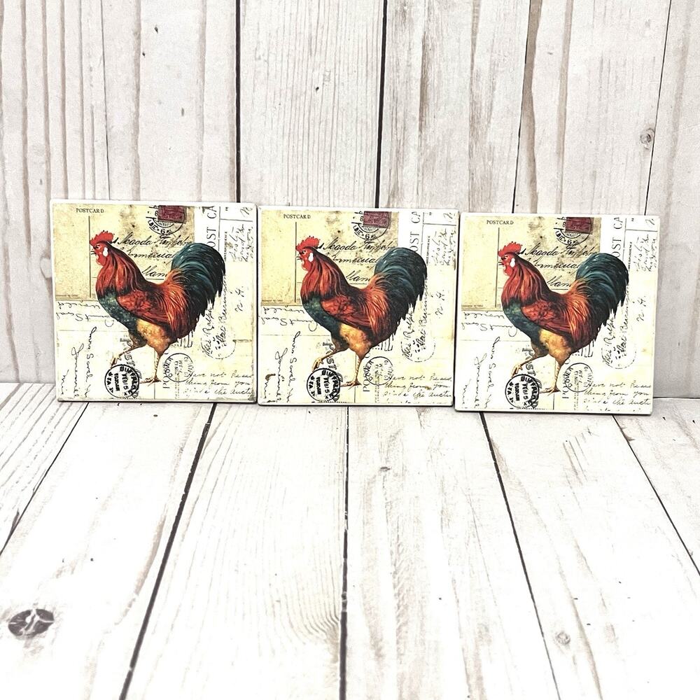 Farmhouse Rooster Coasters Rustic Country Kitchen French Cottage Decor Set of 3